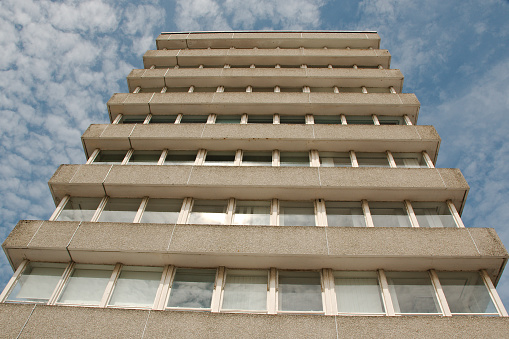 A typical 1970's era office building of concrete construction (UK). Photographed; Barnstaple, Devon, UK. July 2018.