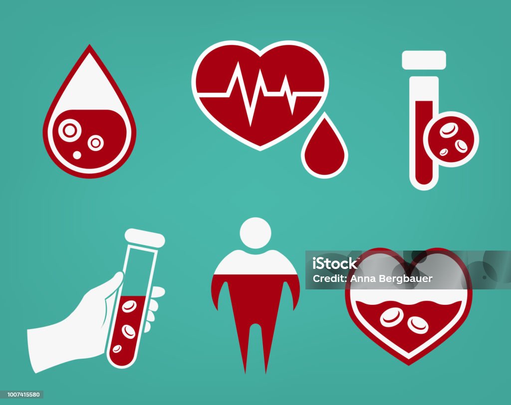 Anemia and Hemophilia icon Anemia and Hemophilia icons set in red and white color. Heart shape, dropping blood, test-tubes signs on a green background in flat style. Haemophilia disease awareness symbol. Vector illustration. Icon Symbol stock vector