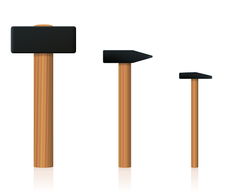 Hammer set. Big, normal and small upright standing basic hand tool to compare different size. Isolated vector illustration on white background.