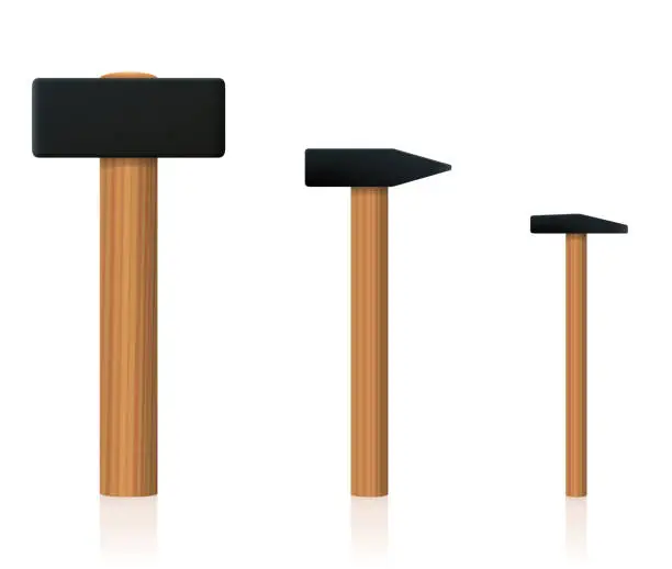 Vector illustration of Hammer set. Big, normal and small upright standing basic hand tool to compare different size. Isolated vector illustration on white background.