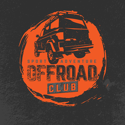 Off-road Club logo. Extreme competition emblem. Off-roading suv adventure and car event design elements. Beautiful vector illustration in orange and grey colors isolated on a textured background.