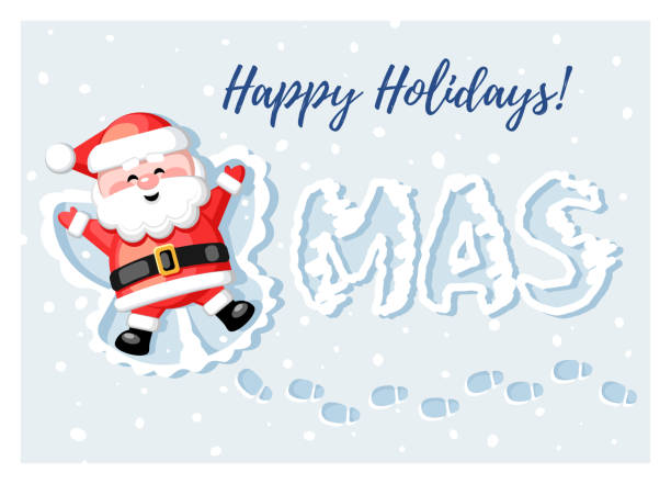 Merry Christmas! Happy Holidays! Funny Santa Claus making a Snow Angel. Merry Christmas! Happy Holidays! Funny Santa Claus lying in snow and making a Snow Angel. Vector illustration. snow angels stock illustrations