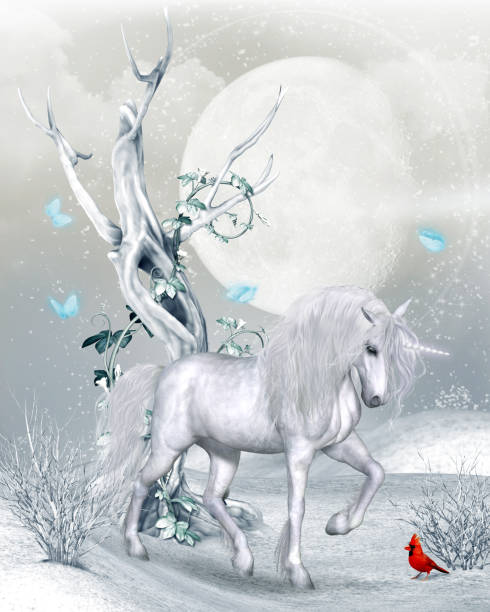 겨울 풍경에 마법의 유니콘 - unicorn fantasy landscape animal 뉴스 사진 이미지