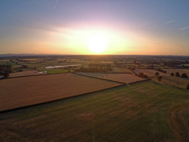 istock Aerial view on yellow sunset cheshire plains and fields. 1007461512