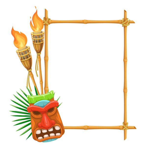 Bamboo Signboard Tiki Vector bamboo signboard with tiki tribal wooden mask and torch. Illustration for design hawaiian party. luau stock illustrations