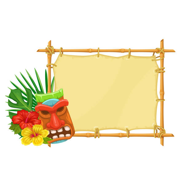 Bamboo Signboard Tiki Bamboo signboard with tiki tribal wooden mask and hibiscus flowers. Illustration for design hawaiian party. luau stock illustrations