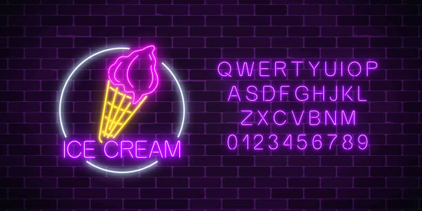 Neon glowing sign of cake with glaze in circle frame with alphabet. Fastfood light billboard symbol. Neon glowing sign of cake with glaze in circle frame with alphabet on a dark brick wall background. Fastfood light billboard symbol. Cafe menu item. Vector illustration. neon sign ice cream stock illustrations