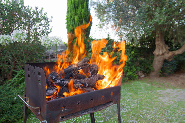 Empty charcoal grill with open fire, burning branches of grapes, coals, outdoor summer concept