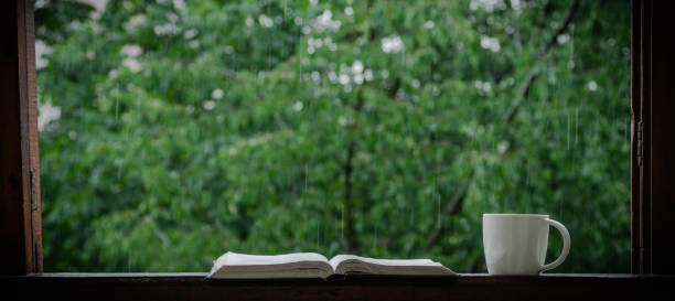 gemütliche sommer stillleben: tasse heißen kaffee und aufgeschlagenes buch auf vintage fensterbank und regen draußen. wohnung. regen im sommer - lesen regen stock-fotos und bilder