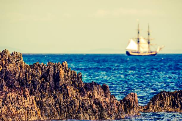 Jagged rocks at Kilclief (County Down, Northern Ireland), on the coastline of Strangford Lought.  In the distance, on the horizon, out of focus, is the outline of  sailing ship or schooner.  Cross-processed.