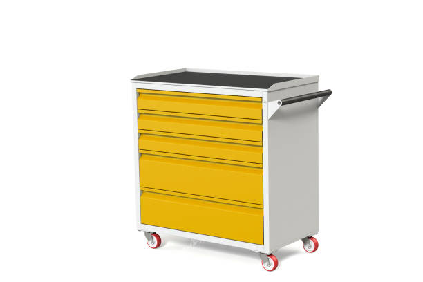istock Metal tool cabinet-table on wheels with drawers. A convenient place for storing tools and spare parts. Service Garage Tools Box. 3D-model rendering of the table for shooting from above. 1007504464