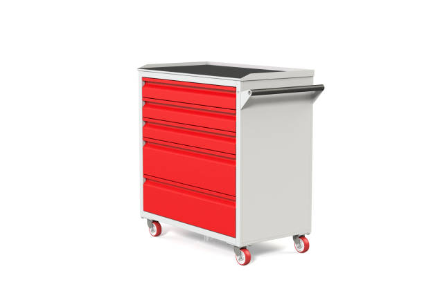 Metal tool cabinet-table on wheels with drawers. A convenient place for storing tools and spare parts. Service Garage Tools Box. 3D-model rendering of the table for shooting from above.