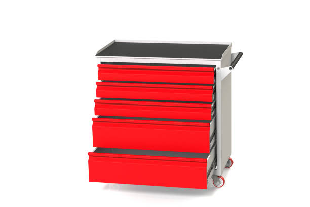 istock Metal tool cabinet-table on wheels with drawers. A convenient place for storing tools and spare parts. Service Garage Tools Box. 3D-model rendering of the table for shooting from above. 1007504514