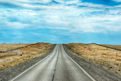 Road in the endless plains of Patagonia, close to Los Glaciares National Park, Argentina.