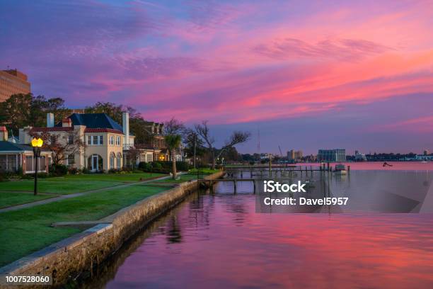 Portsmouth Virginia Houses And Riverfront At Dawn Stock Photo - Download Image Now - Virginia - US State, Hampton - Virginia, Virginia Beach