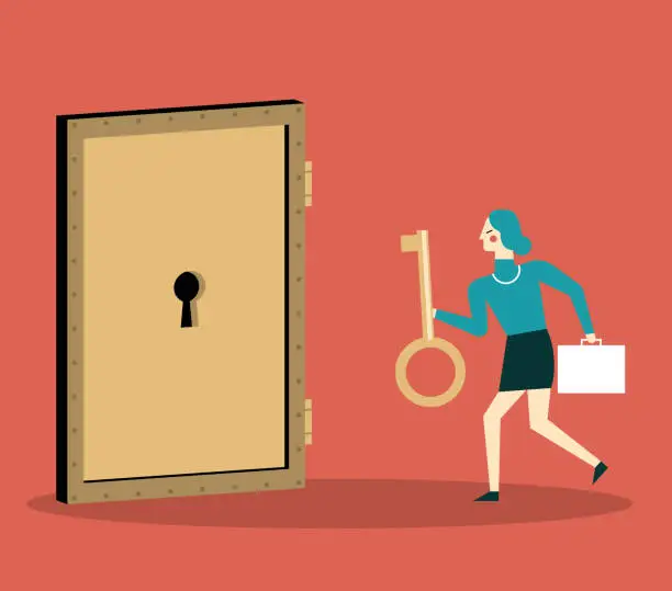 Vector illustration of Businesswoman with golden key try to unlock the door
