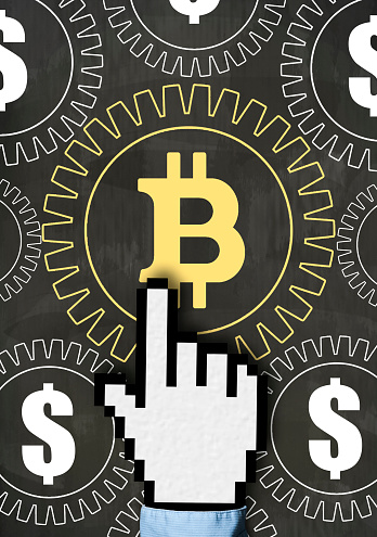 Mouse hand showing over BITCOIN sign with wheels and dollar signs / Blackboard concept (Click for more)