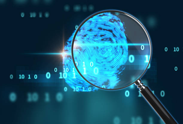 istock Magnifying Glass on digital fingerprint background. 3d illustration 1007571924