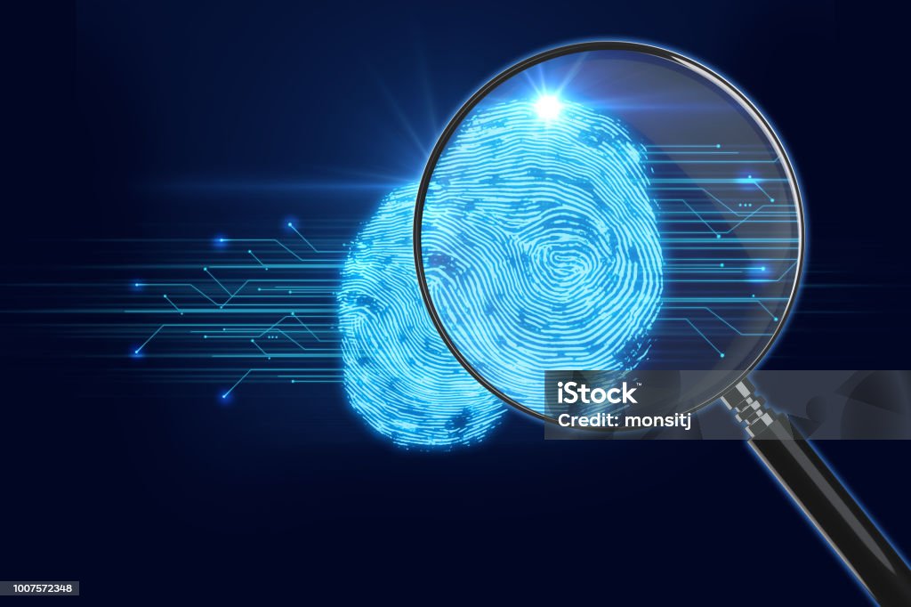 Magnifying Glass on digital fingerprint background. 3d illustration 3d rendering of Magnifying Glass on digital fingerprint image, concept of cyber criminal,Biometric 
Authorization and Business Security Concept. Identity Stock Photo