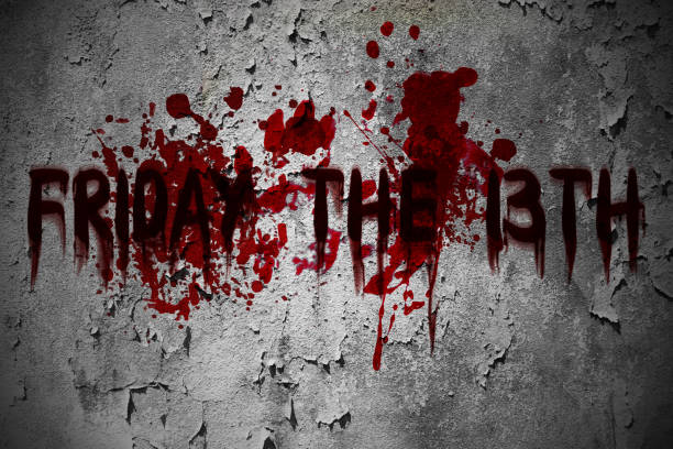 friday the 13th horror scary grunge blood text on the dirty old wall. - friday the 13th imagens e fotografias de stock