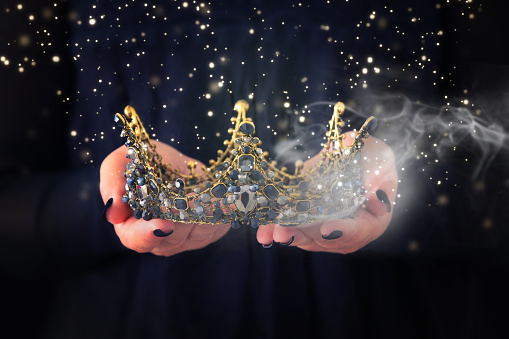 Image Of Lady In Black Holding Queen Crown Decorated With Precious Stones  And Magical Glowing Mysterious Dust Fantasy Medieval Period Black Queen  Stock Photo - Download Image Now - iStock