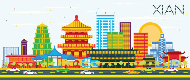 illustrazioni stock, clip art, cartoni animati e icone di tendenza di skyline di xian china con edifici a colori e cielo blu. - china xian contemporary built structure