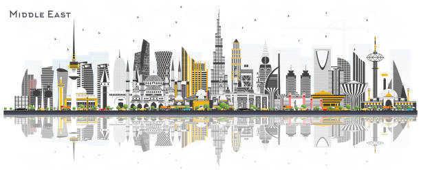 środkowo-wschodnia panorama miasta z kolorowymi budynkami i odbiciami odizolowanymi na biało. - dubai house built structure middle east stock illustrations