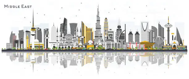 Vector illustration of Middle East City Skyline with Color Buildings and Reflections Isolated on White.