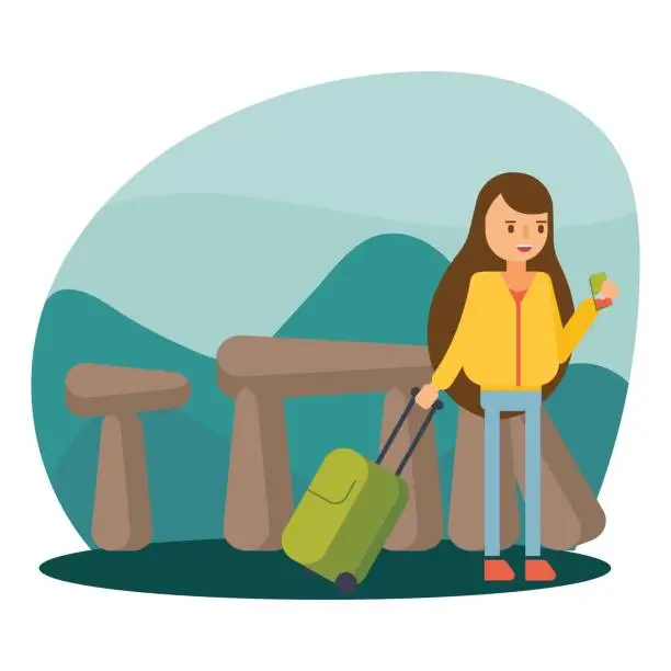 Vector illustration of happy vacation traveler girls holiday in avebury, stonehenge, wiltshire stone cartoon character