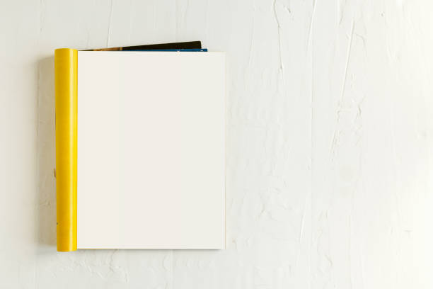 Magazine page mock up catalog opened on a white background. Top view. Copy space