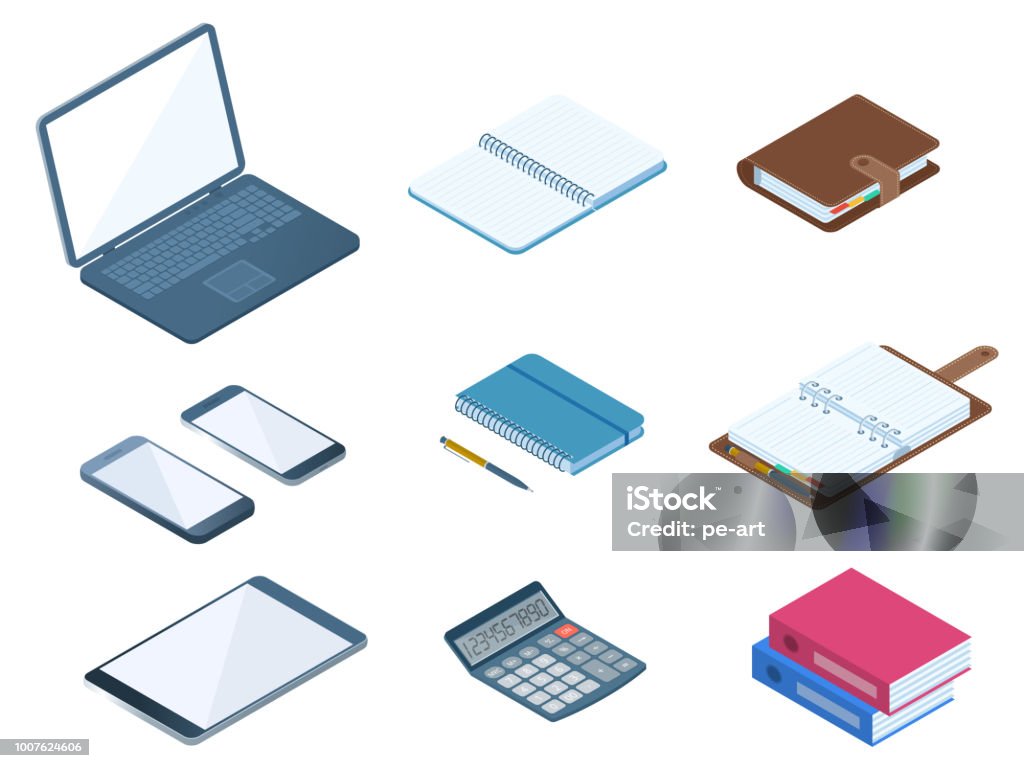 Office, business desktop workplace stationery set. Flat vector isometric illustration. Flat vector isometric illustration of office desktop workplace supply set. Vector stationeries: business and school organizer, copybook, document folders, calculator, laptop, smartphone, taplet pc. Isometric Projection stock vector