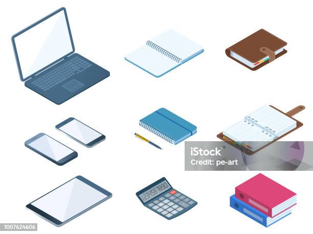 Office Business Desktop Workplace Stationery Set Flat Vector Isometric Illustration Stock Illustration - Download Image Now