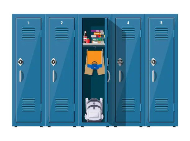 Vector illustration of Blue metal cabinets with school items