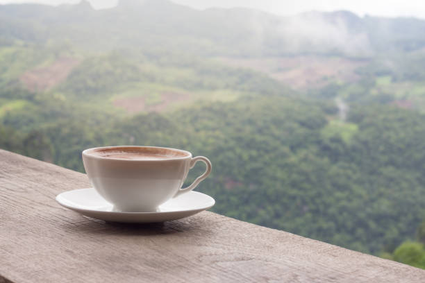 istock A cup of coffee on the table and a beautiful mountain background. 1007632724
