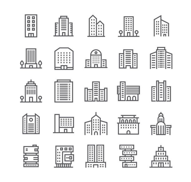 ilustrações de stock, clip art, desenhos animados e ícones de editable simple line stroke vector icon set,government and commercial city buildings and institutions and more. 48x48 pixel perfect. - skyscraper