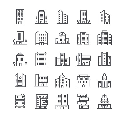 Editable simple line stroke vector icon set,government and commercial city buildings and institutions and more. 48x48 Pixel Perfect.