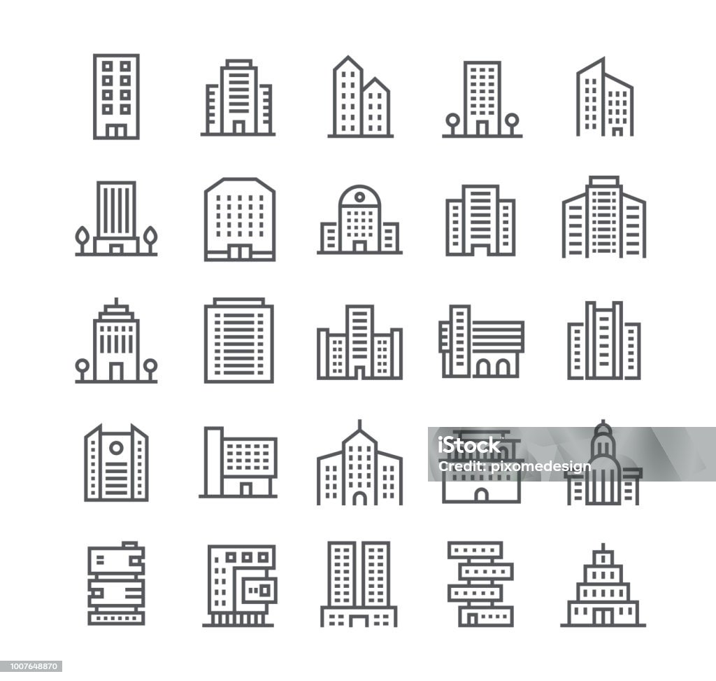 Editable simple line stroke vector icon set,government and commercial city buildings and institutions and more. 48x48 Pixel Perfect. Building Exterior stock vector