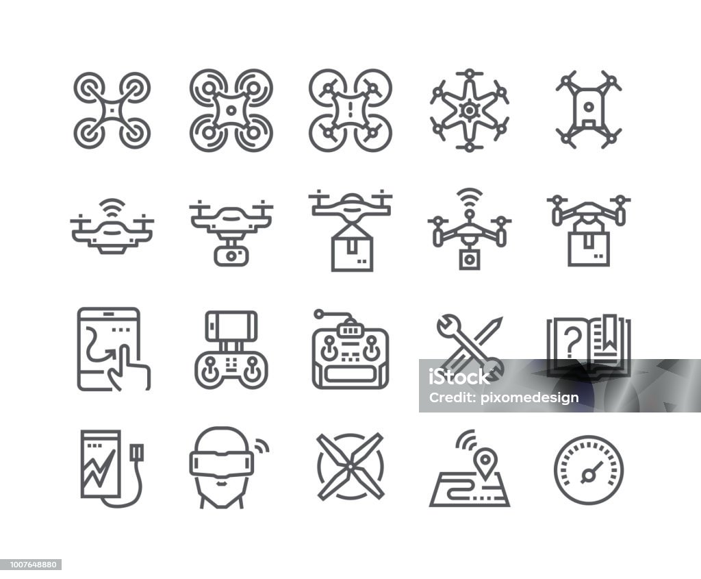 Editable simple line stroke vector icon set,air drones, quadrocopters and remote control drones and more. 48x48 Pixel Perfect. Drone stock vector