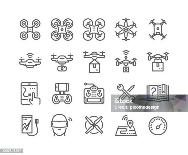 Editable Simple Line Stroke Vector Icon Setair Drones Quadrocopters And Remote Control Drones And More 48x48 Pixel Perfect Stock Illustration - Download Image Now