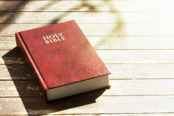 istock Closed Holy Bible on wooden table in sunshine 1007652774
