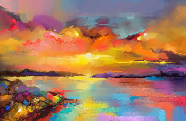 Colorful oil painting on canvas texture. Impressionism image of seascape paintings with sunlight background. Colorful oil painting on canvas texture. Impressionism image of seascape paintings with sunlight background. Modern art oil paintings of sunset over sea and beach. Abstract contemporary art sun painting stock pictures, royalty-free photos & images