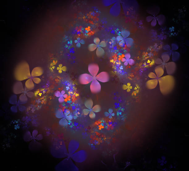 glow abstract fractal flower background. translucent bubbles texture with glow flowers. bright, multicolored computer generated, fractal abstract background - netting champagne wine drink imagens e fotografias de stock