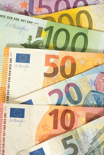 Close-up of various Euro banknotes