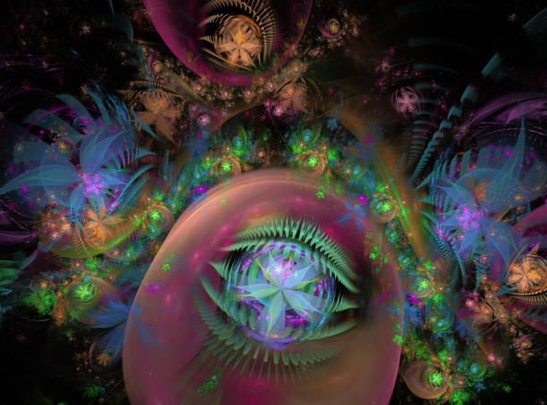 istock Glow Abstract Fractal Flower Background. Translucent bubbles texture with glow Flowers. Bright, multicolored computer generated, fractal abstract background 1007665686