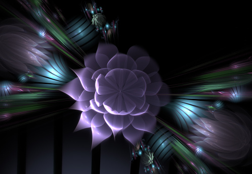 Abstract fractal flower with rays on a black background. Fractal in neon colors with curved lines shaping a flower