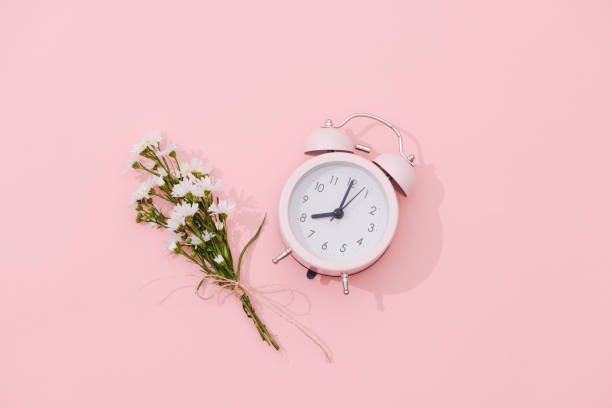 istock Wildflowers bouquet and retro alarm clock with shadow on pink background 1007675460