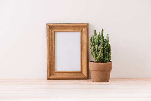 istock Modern room decoration. Various cactus and succulent plants in different pots. Mock-up with a wooden frame. 1007675652