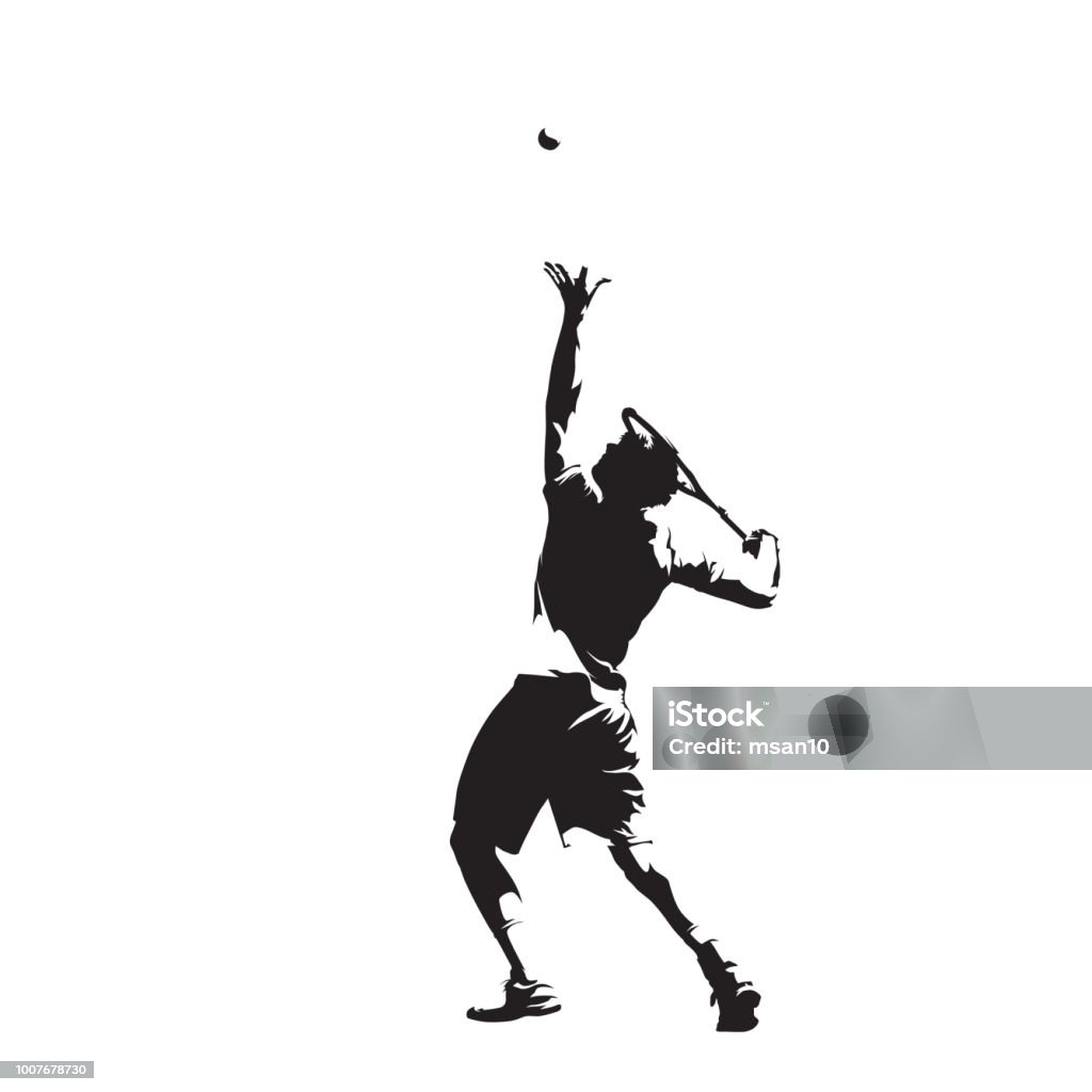 Jugador de tenis que sirve bola, silueta vector aislado, dibujo a tinta. Deporte de verano individual. Personas activas - arte vectorial de Tenis libre de derechos