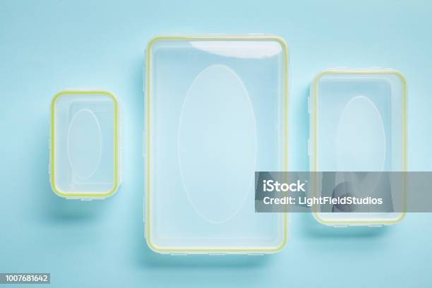 Top View Of Empty Food Containers Isolated On Blue Stock Photo - Download Image Now - Empty, No People, Container