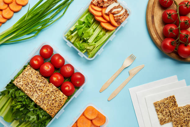 istock flat lay with healthy food composition isolated on blue 1007681900